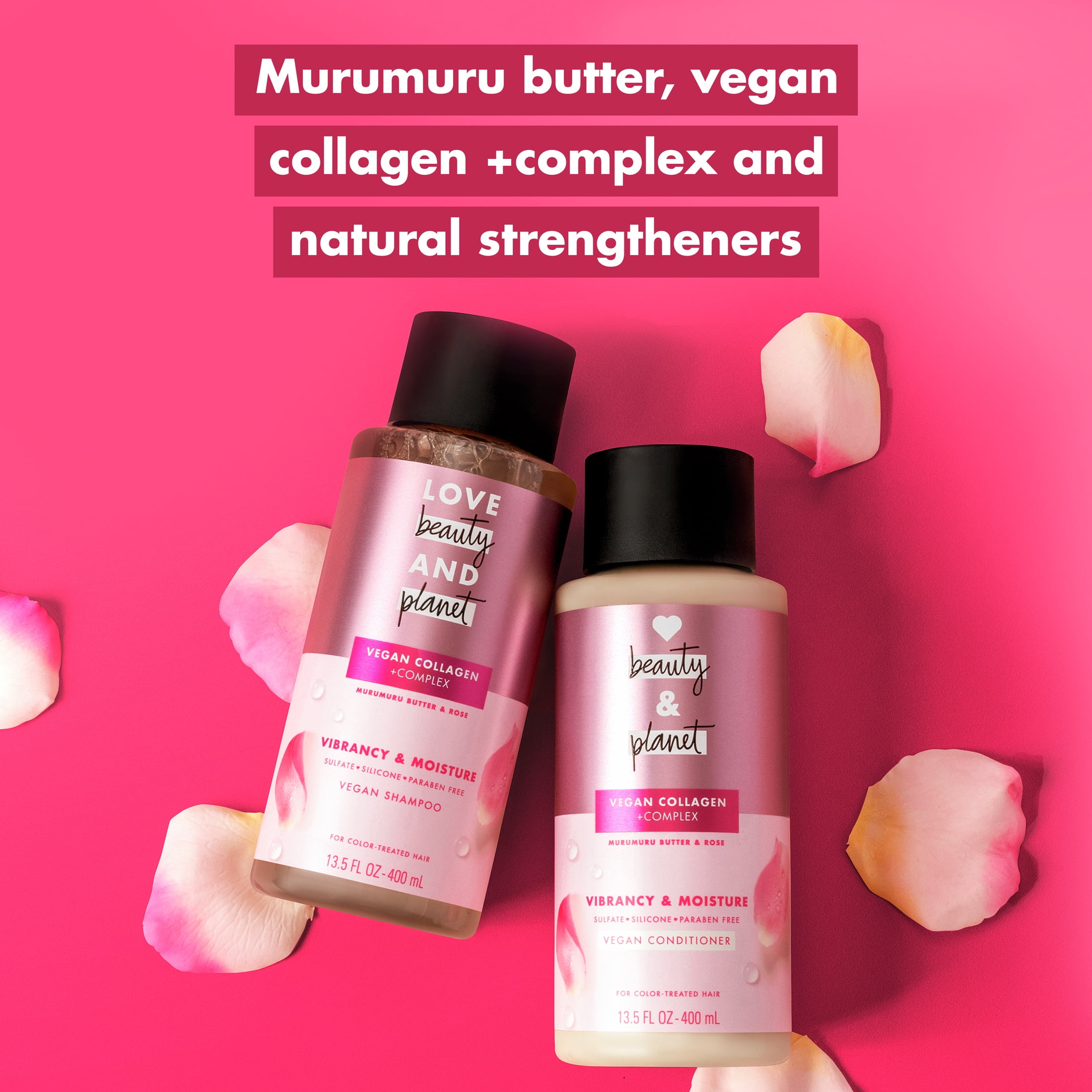 Love Beauty and Planet Vegan Collagen Moisture Shampoo for Women Murumuru Butter & Rose, 13.5 oz