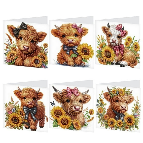 6pcs Diamond Painting Kit Greeting Card, Sunflower Yellow Cow 5D DIY Diamond Handmade Holiday Greeting Card with Envelope, Christmas Gift Congratulation