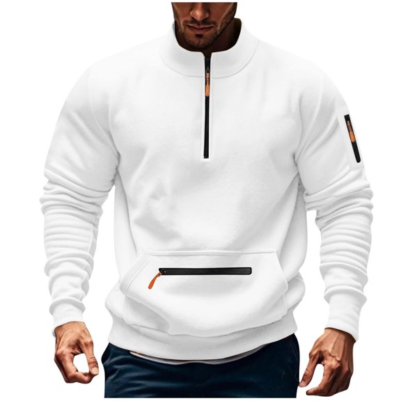 Mens 1/4 Zip Sweatshirts Spring Band Collar Long Sleeve Shirts Casual Solid Color Cargo Workwear with Pockets