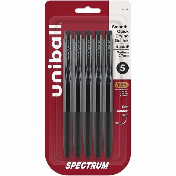 uniball Spectrum Retractable Gel Pens, Medium Point, 0.7mm, Black Ink, 5 Count