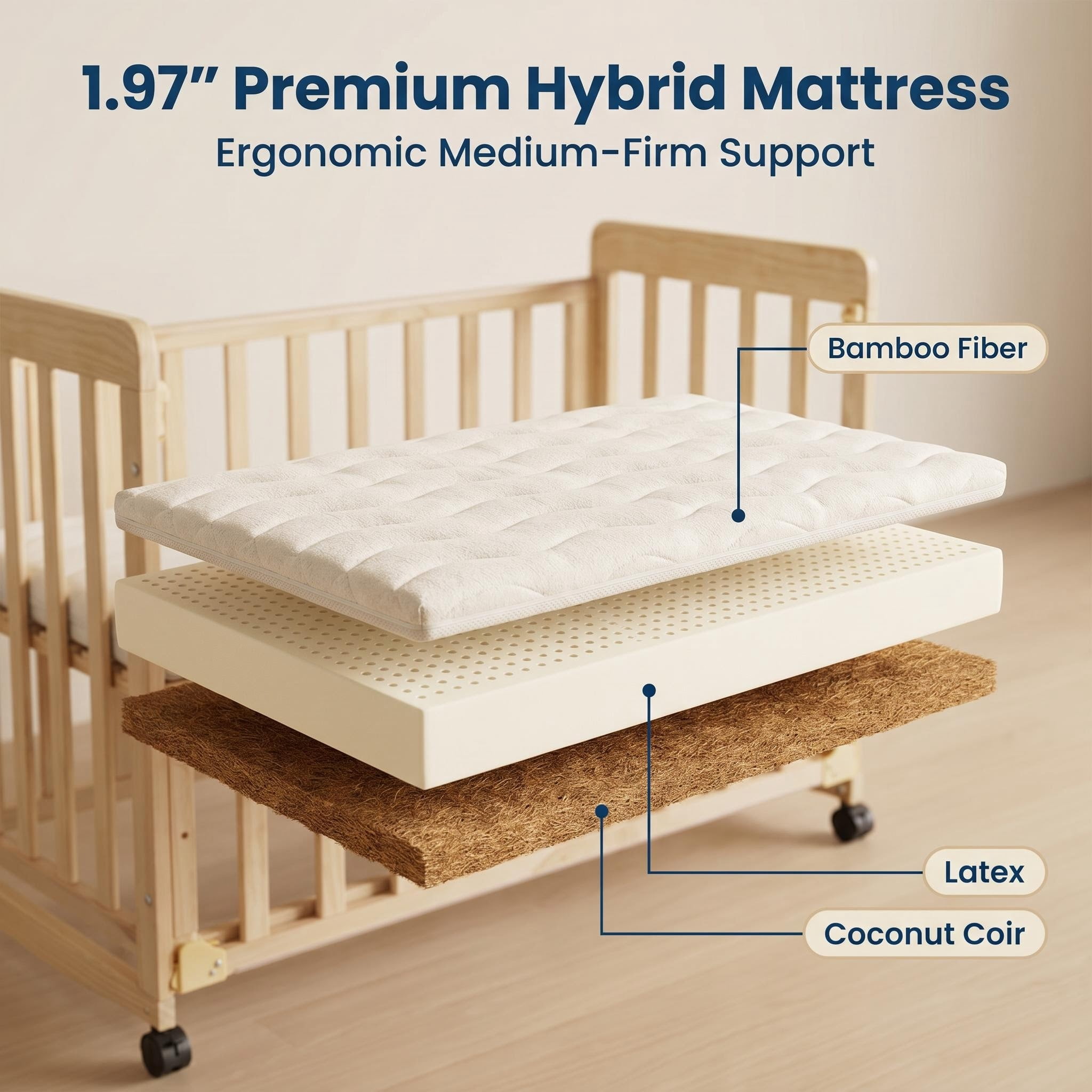 Solid Pine Convertible Baby Bassinet Bedside Sleeper, 3 Adjustable Heights Mini Crib with Breathable Mattress, Portable Newborn Toddler Bed with Lockable Wheels