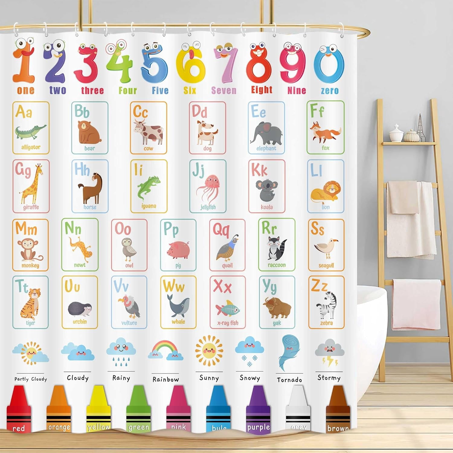 Kids Shower Curtain, Cute Cartoon Alphabet ABC Animal Educational Number Learning Colorful Bath Curtain Set for Baby Girls Boys Polyester Fabric Waterproof Shower Curtain with Hooks 60X70IN