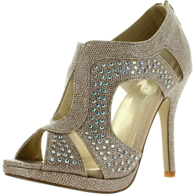 BONNIBEL LEAH-2 Womens Peep Toe Glitter Mesh Back Zip Dress Sandals, Champagne, 6