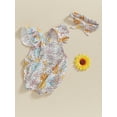 thumbnail image 3 of Musuos Newborn Girl Summer Romper Outfit, 3M 6M 12M 18N Fly Sleeve Flower Print Bodysuit with Hairband Baby Clothes, 3 of 10