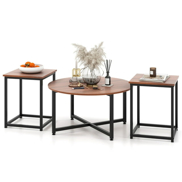 Gymax Ensemble de Tables Gigognes Rondes de 3 Tables Basses Modernes/de Style Ferme avec 2 Tables d'Appoint Noyer et Noir