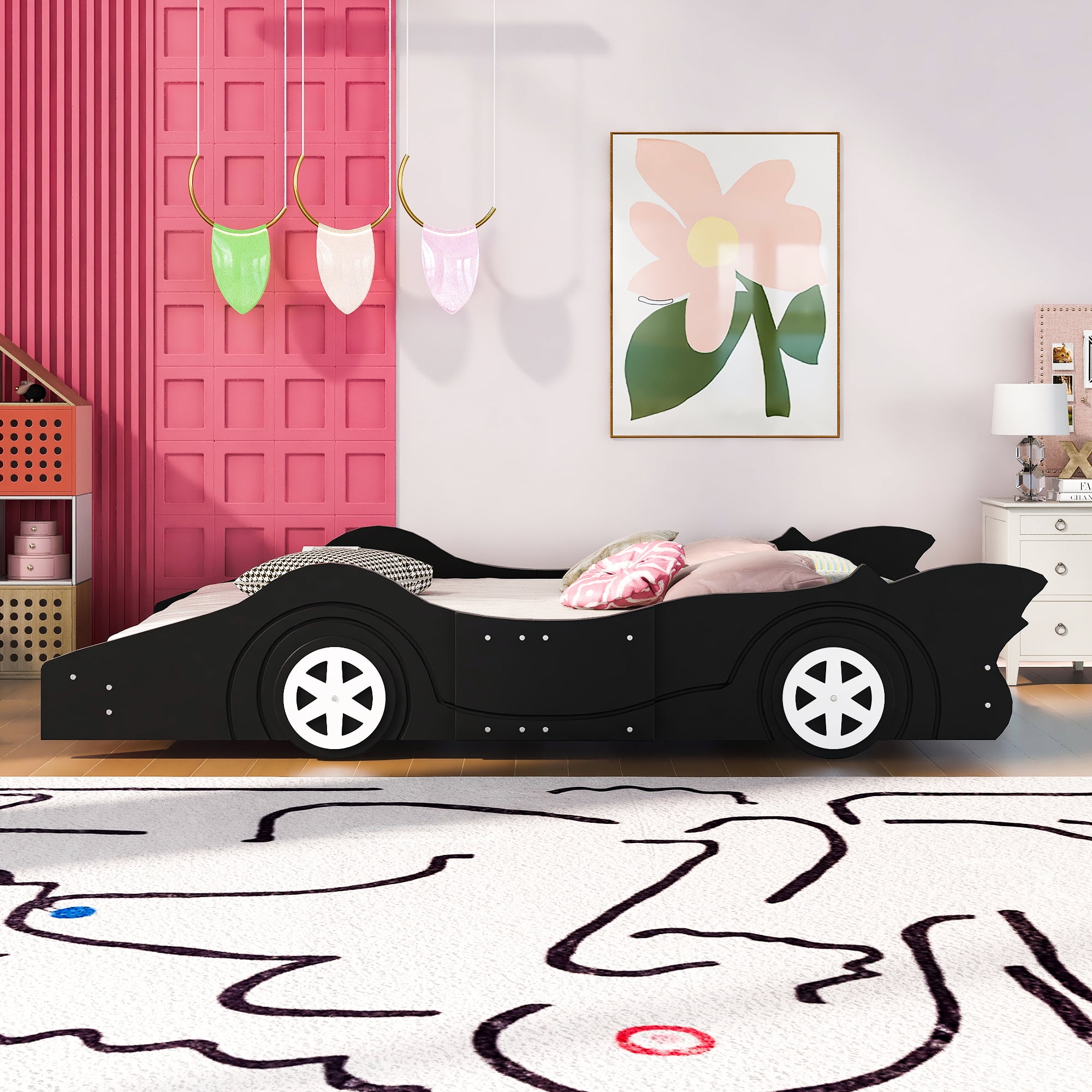 Gewnee Full Size Platform Bed,Wood Race Car-Shaped Platform Bed Frame for Kids Child,,Black