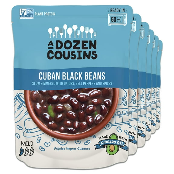 A Dozen Cousins Seasoned Black Beans, Vegan Gluten-Free Microwaveable Beans with Avocado Oil, 10 oz Pouches, 6 Pack