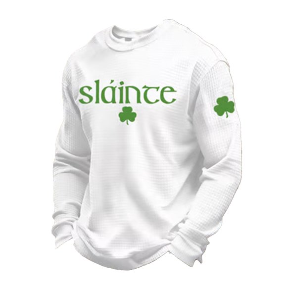 IWRICH Men's Shamrock Printed T Shirts Fashion St. Patrick's Day Waffle Long Sleeve Tees Plus Size Slim Fit Tops White XL