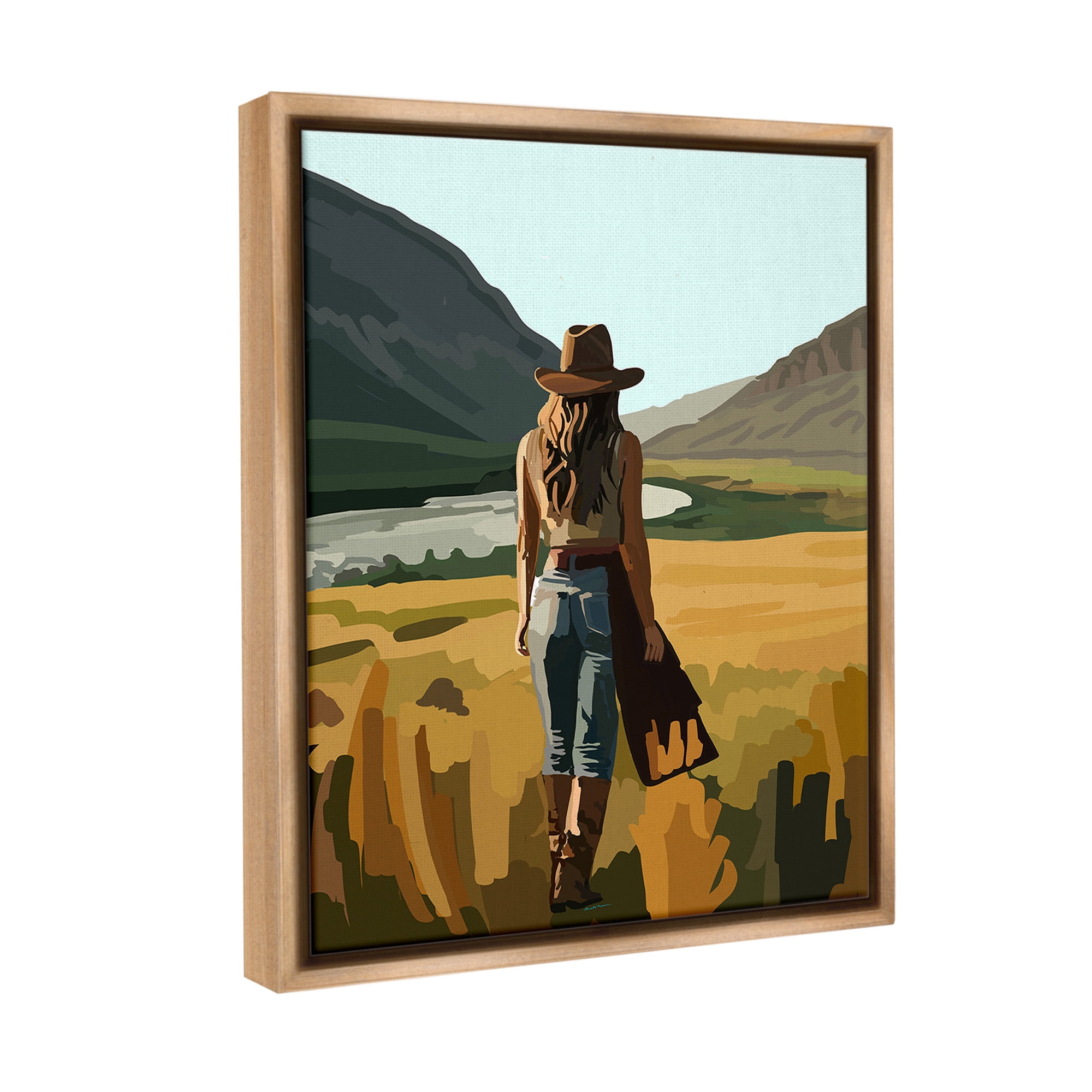 Stupell Industries Strolling Cowgirl in Desert Landscape Painting Brown Floater Framed Canvas Art Print Wall Art, 17 x 21