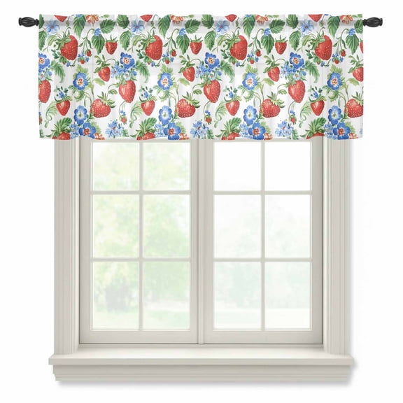 Strawberry Valance Curtains for Kitchen/Living Room/Bathroom/Bedroom Window, Rod Pocket Small Topper Half Short Window Curtains Voile Sheer Scarf, Summer Botanical Blue Spring Floral 42"x12"