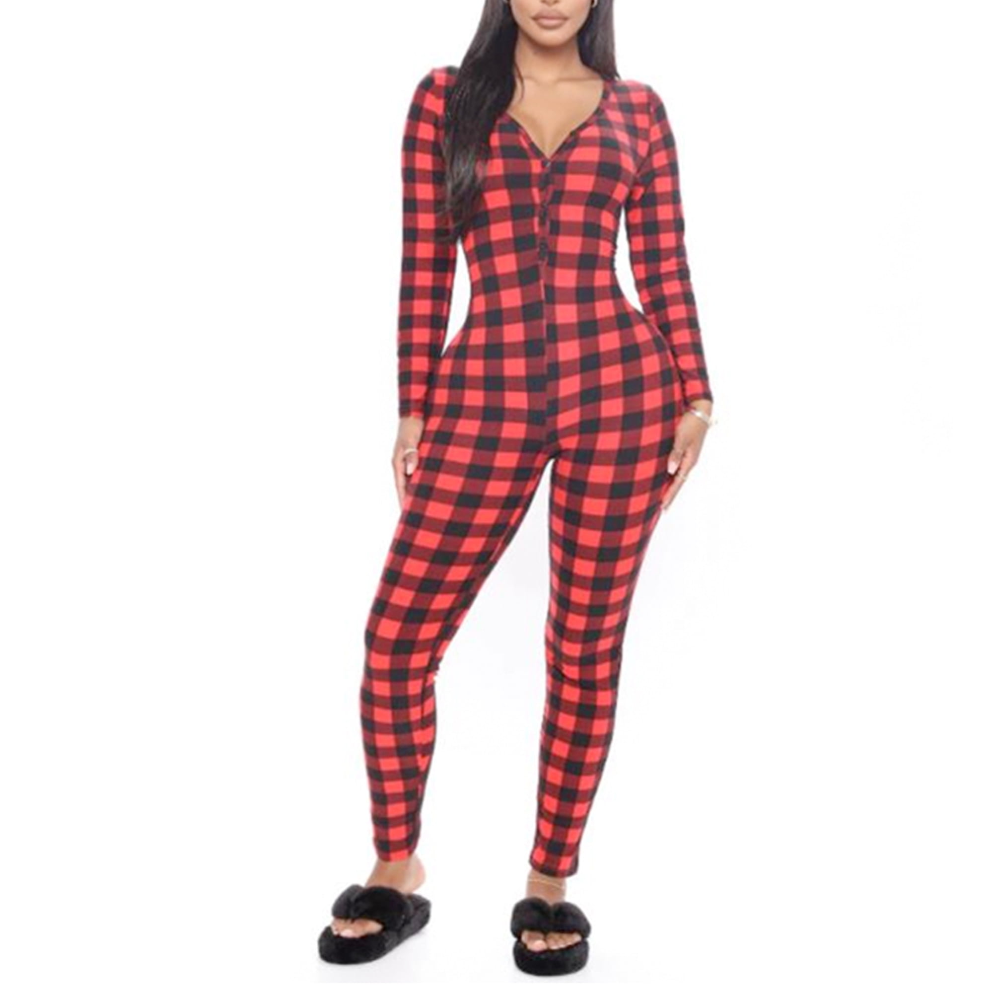 Cathery Women Comfy Zipper One Piece Ugly Christmas Pajamas Onesie Jumpsuit Funny  Pjs Sleepwear Nightwear 