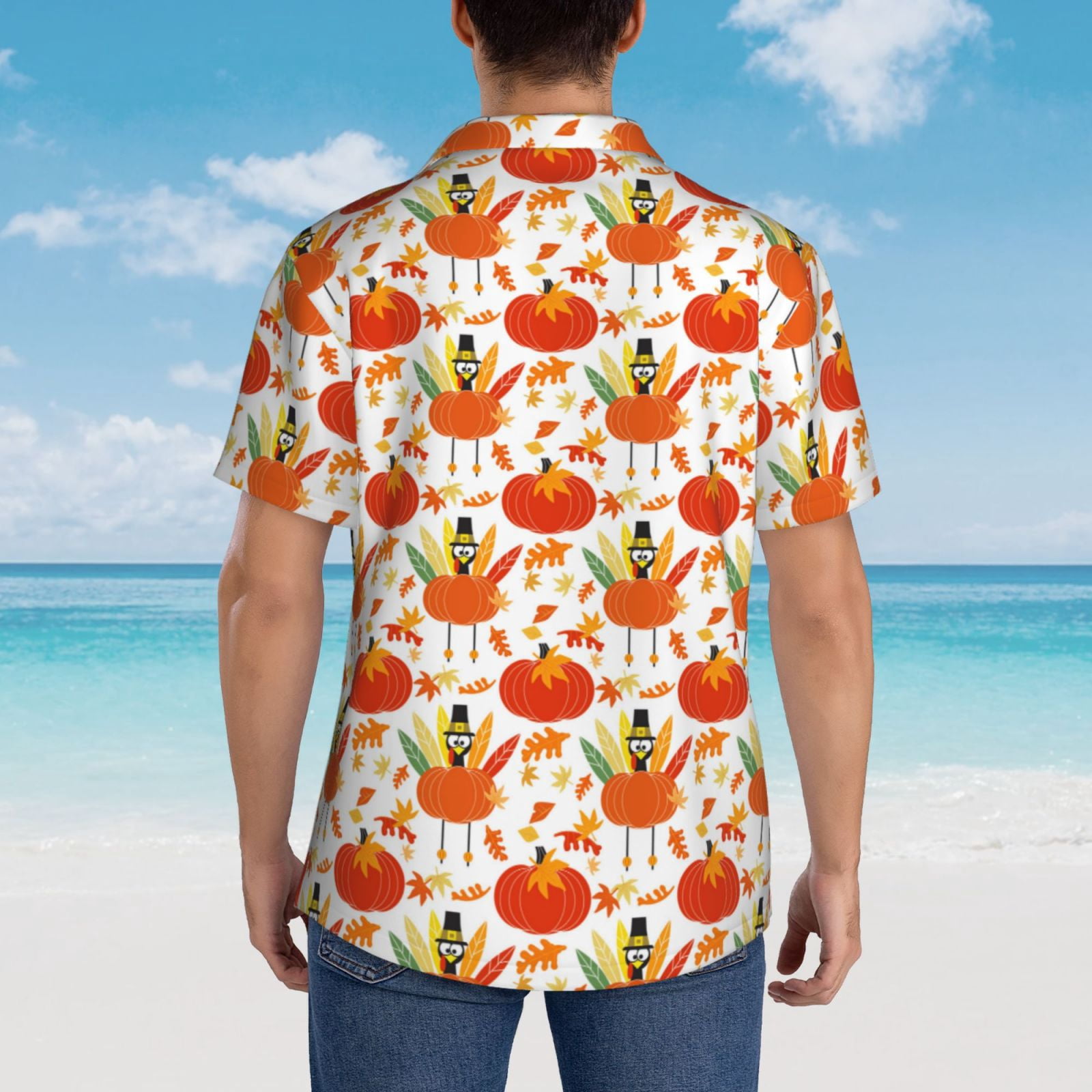 Logiee Happy Thanksgiving Day1 Print Mens Hawaiian Shirts,Loose-Fit Short Sleeve Button Down Tropical Aloha Beach Shirt,Summer Vacation Wedding Tops,Medium