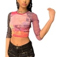 thumbnail image 1 of Col Rond Manches Longues Patchwork Couleur Bloc Impression Abstraite Maille Transparente Serré Été Top Coupe Slim Recadrée, 1 of 6