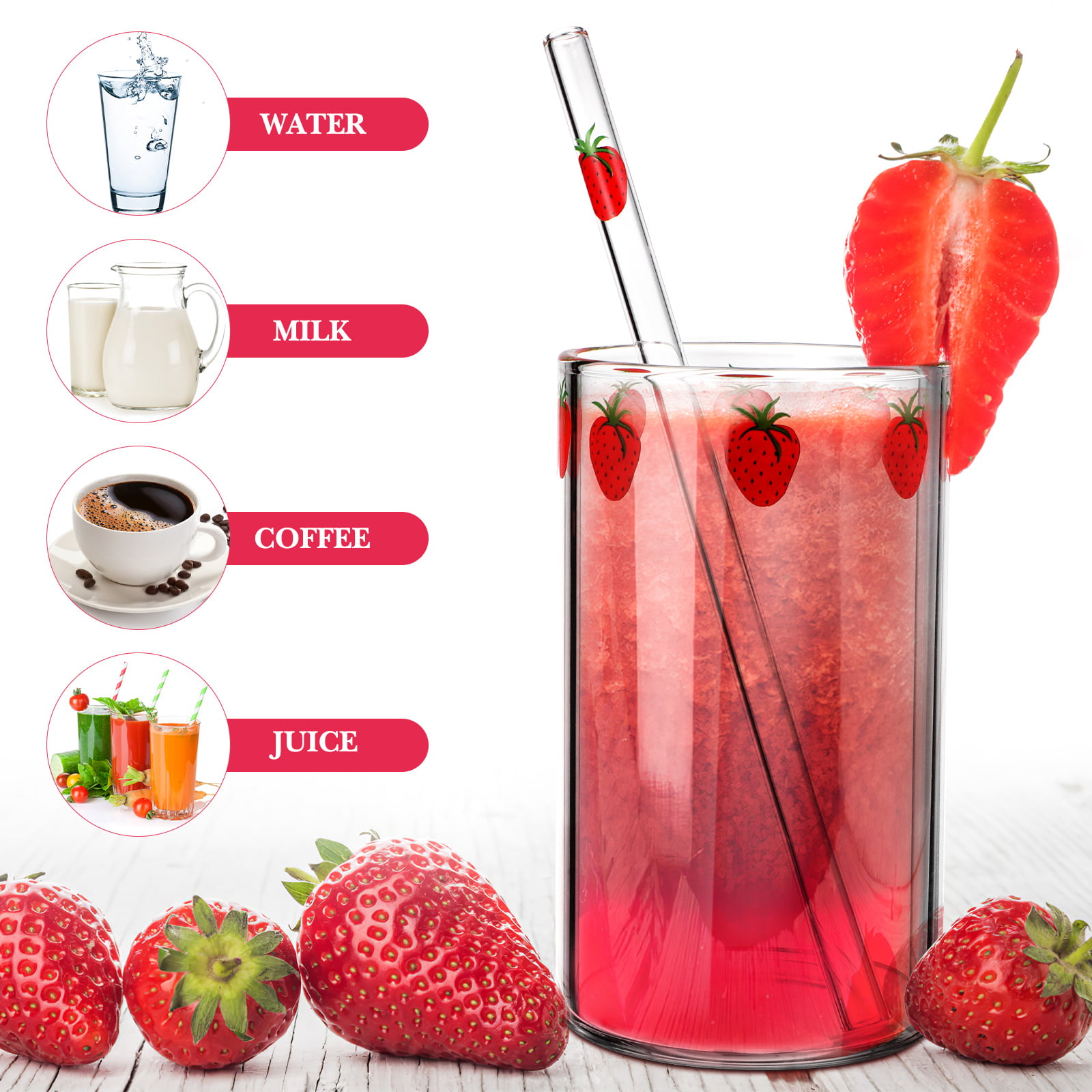 strawberry glasses cup cups Strawberry Glass Cup with Straw Lovely