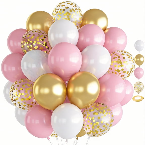 30Pcs 12 Inch Pastel Pink Pearl White Metallic Chrome Gold Confetti Latex Balloons, Baby Pink Gold Party Balloons Set for Girls Baby Shower Birthday Party Decorations