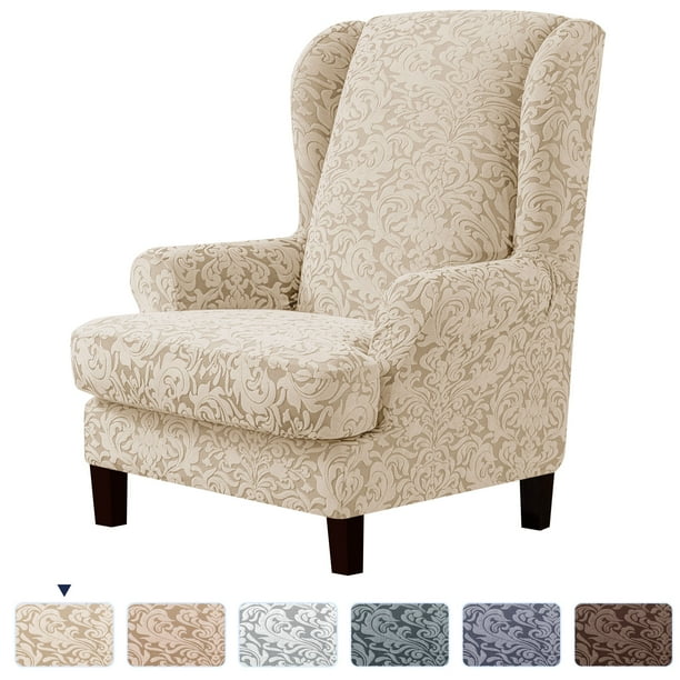 Subrtex Stretch Jacquard Damask 2Piece Wingback Chair Slipcover, Khaki
