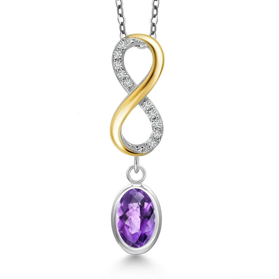 925 Silver and 10K Yellow Gold Purple Amethyst and Lab Grown Diamond Pendant Necklace for Women | 1.28 Cttw | Gemstone February Birthstone | Oval Checkerboard 8X6MM | With 18 inch Chain