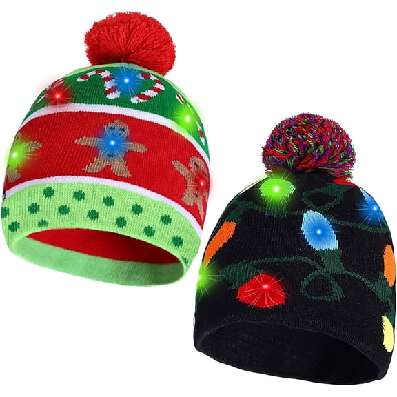 TETOU 2 Pack Light Up Christmas Hat,Cute Cartoon Design Xmas Knitted Beanie Hat with Light for Adults Kids Christmas Gift New Years Party Decoration(Style A)