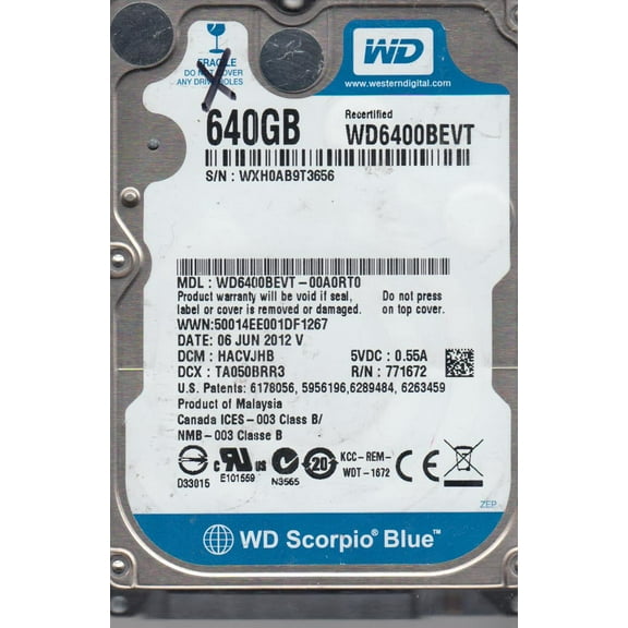 WD6400BEVT-00A0RT0, DCM HACVJHB, Western Digital 640GB SATA 2.5 Hard Drive