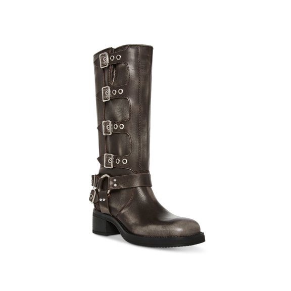 STEVE MADDEN Womens Black Distressed Buckled Straps Goring Padded Brocks Round Toe Block Heel Leather Moto 9.5 M