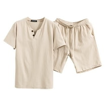 Mens Outfits 2 Piece Fashion Dressy Short Sleeve Collared Loose Stretchy Waist Beach Vacation Short Sleeve Set Crew Neck Lightweight Summer Casual T-Shirts and Shorts,Khaki,XXXXL