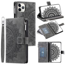 Dteck Zipper Wallet Case for iPhone 11 Pro Max,Magnetic Durable PU Leather Flower Embossed Case Zipper Card Holder Wallet Kickstand Cover with Detachable Shoulder Strap/Wrist Strap,Gray