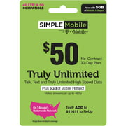 SIMPLE Mobile Truly Unlimited 30-Day Prepaid Plan + 5GB Mobile Hotspot & International Calling Credit Direct Top Up