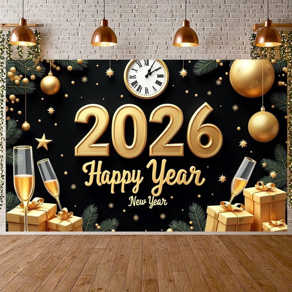 Golden Theme New Year Banner Festive Style 2026 Display Clock Design Gift Box Happy Year Backdrop for New Year Celebration Holiday Party Indoor Decoration