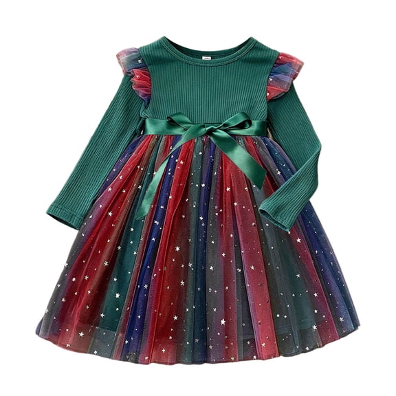 Gaexia Girls Christmas Dresses Gradient Star Mesh Dress Long Sleeve Party Formal Outfit Ages 1-7 Toddler Kids Winter Holiday Celebration Wear