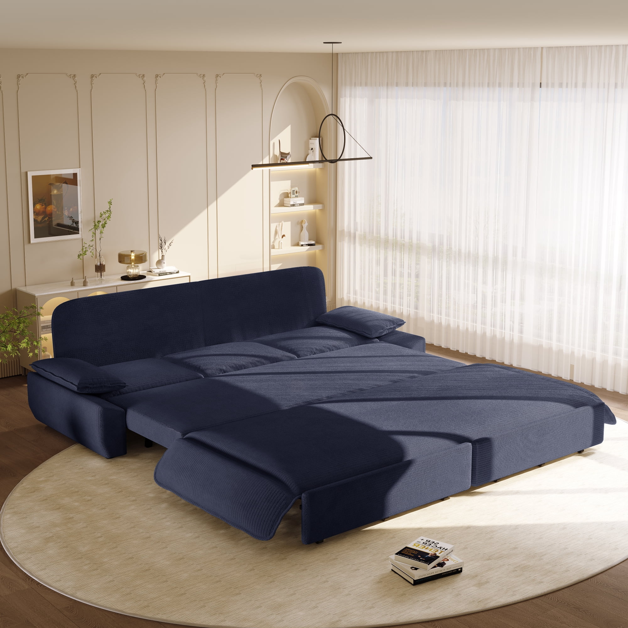 Leumius 94.5" Pull Out Sofa, King Size 3-in-1 Convertible Sleeper Sofa Bed, Multi-Functional Corduroy Bed for Living Room Bedroom Blue