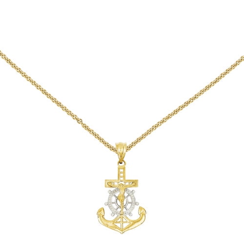 Primal Gold 14 Karat Yellow Gold and Rhodium Diamondcut Mariners Cross