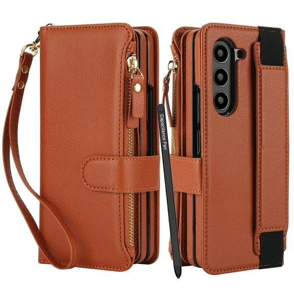 Dteck for Samsung Galaxy Z Fold 6 Wallet Case with Card Holder Zipper Pocket, Built-in S Pen Holder/Stylus/Wrist Strap/Kickstand, Soft PU Leather Protective Cover for Z Fold6,Brown
