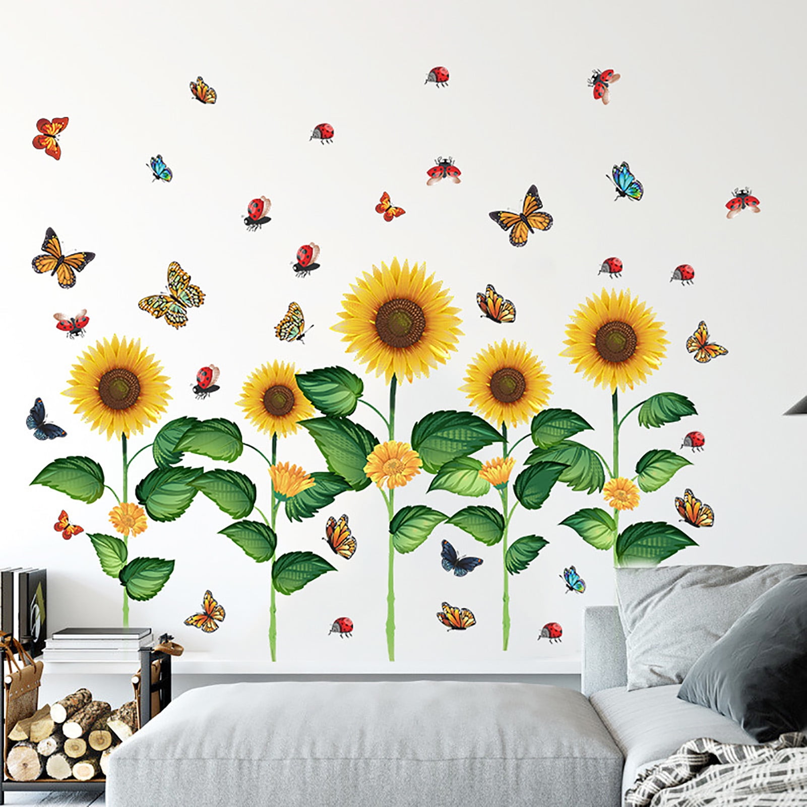 DGROEE 2Pcs Sunflower Butterfly Wall Decals Garden Flower Wall