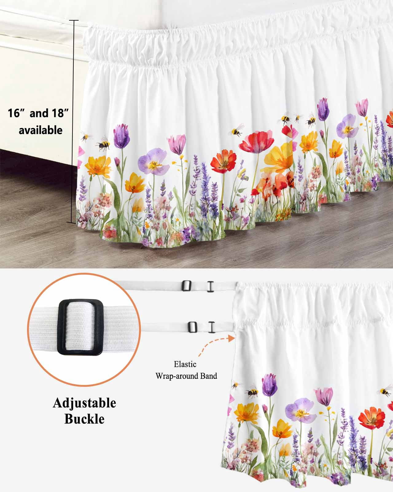 Colorful Flowers Ruffle Bed Skirt Queen Size Spring Floral Adjustable Elastic Dust Bed Skirts Wrap Around Bedskirt Wrinkle Free Easy Fit with 16 Inch Drop