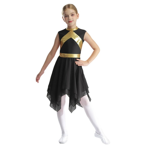 renvena Girls Praise Church Dance Dress Sleeveless Metallic Gold Asymmetrical Liturgical Celebration Choir Costume Black 10