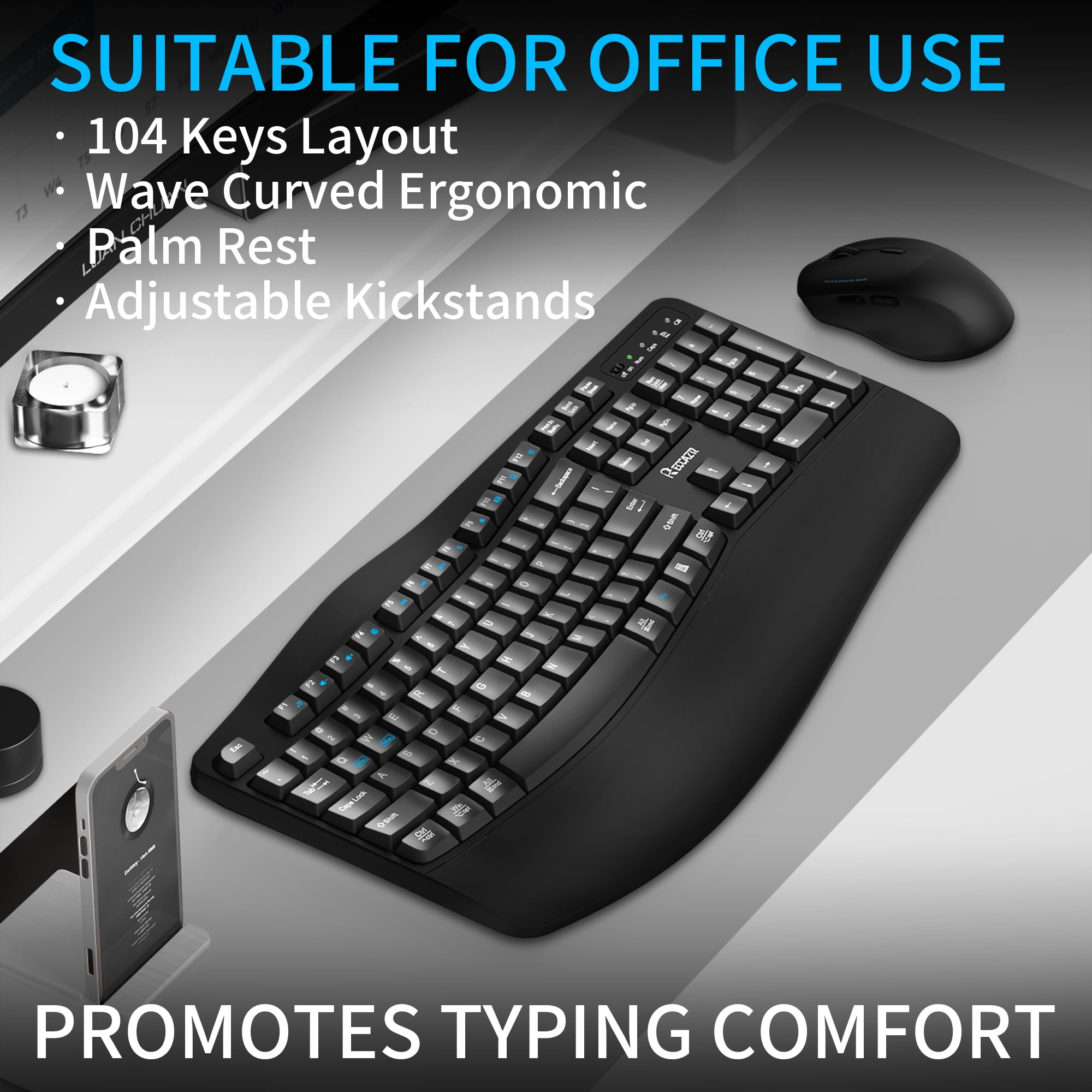 Wireless Keyboard and Mouse Combo,2.4G Full Size Wave Keys Ergonomic Keyboard with Wrist Rest for Natural Typing, 3 DPI Adjustable Ergonomic Silent Mouse for Computer/Laptop/Windows/Mac (Black)
