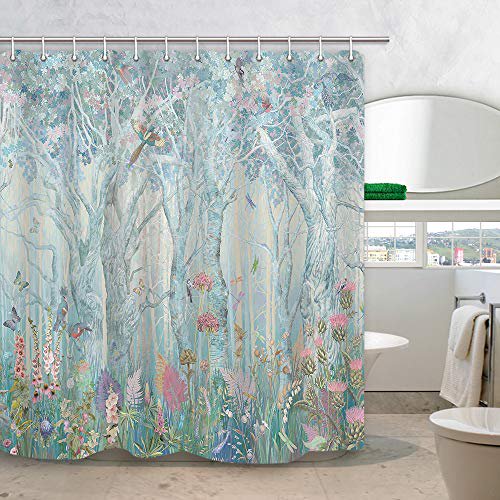 DYNH Enchanted Forest Shower Curtain, Vibrant Fairytale Woodland Jungle