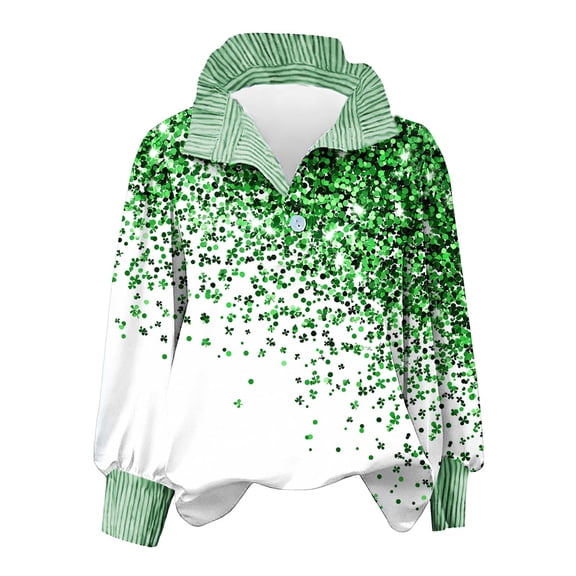 Craaazy Women's Colorful Striped Ruffle Stand Collar St Patricks Day Long Sleeve T-shirts with Button Gifts