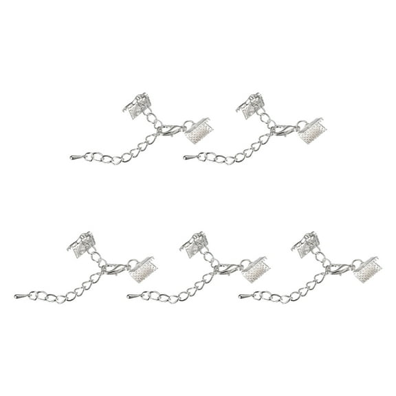 10Set Ribbon Crimp Clamp Ends Lobster Claw Clasps & Chain 10mm Silver Tone for DIY