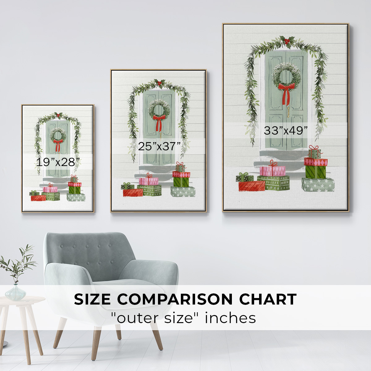 Festive Front Door Collection B - Framed Gallery Wrapped Holiday Canvas - 17 x 25 - Natural Wood Frame