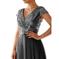 thumbnail image 3 of DYMADE Women V-Neck Sequin Chiffon Solid Petal Sleeve Patchwork Slim Dress, 3 of 4