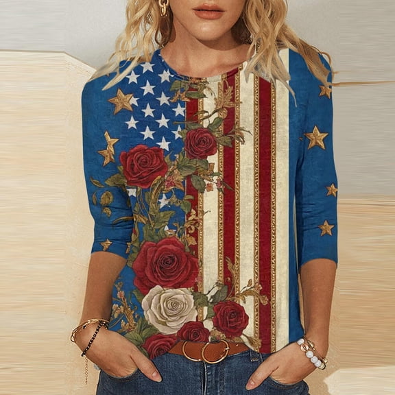 lcziwo Women's 3/4 Sleeve Tops Cotton Patriotic Basic Shirt Plus Size 4Th Of July Graphic Summer Family Blouse Multicolor S