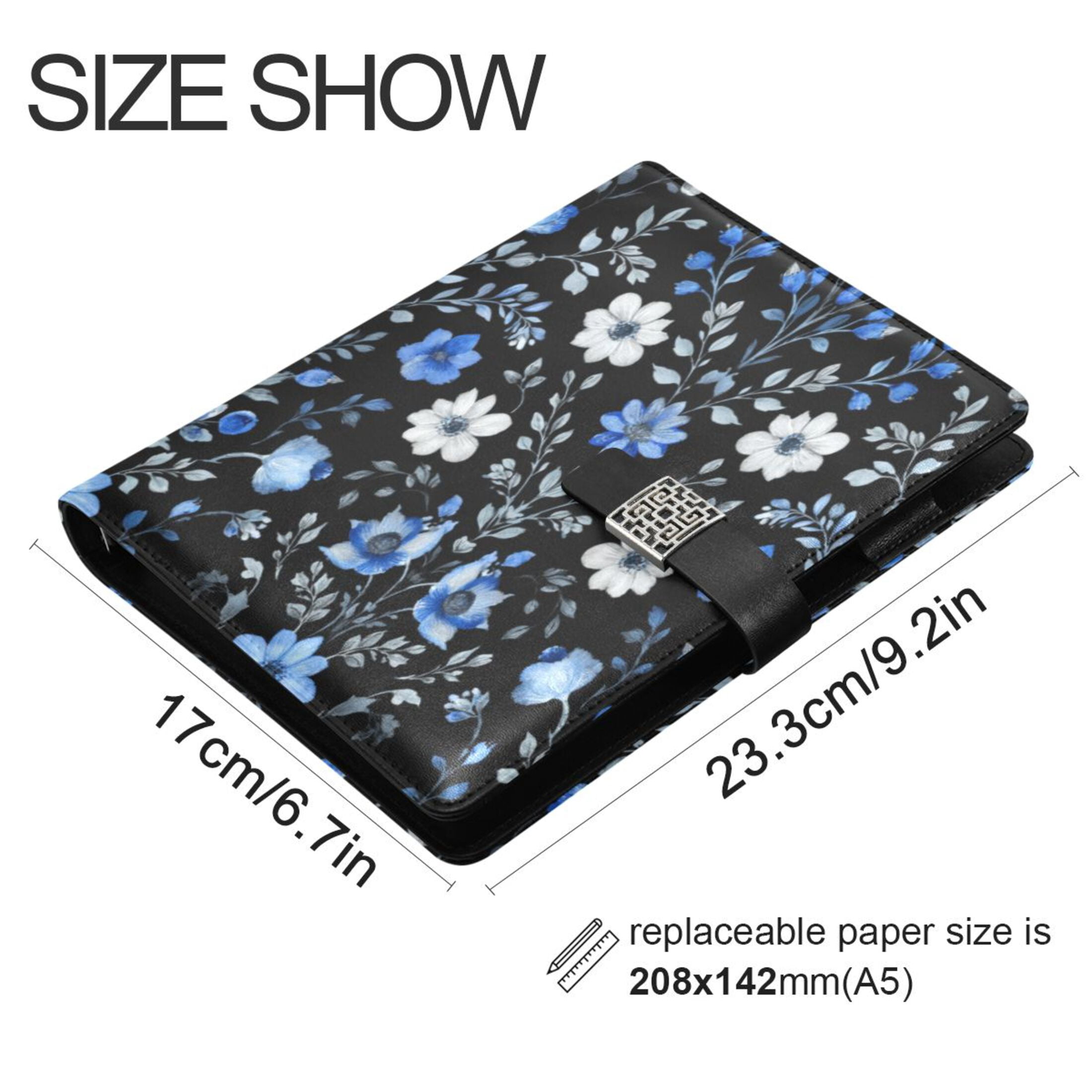 Leather Planner Leather Notebook Notebook Journal Binder Design Pen Pocket Design Convenient for Storage Watercolor White Blue Flowers