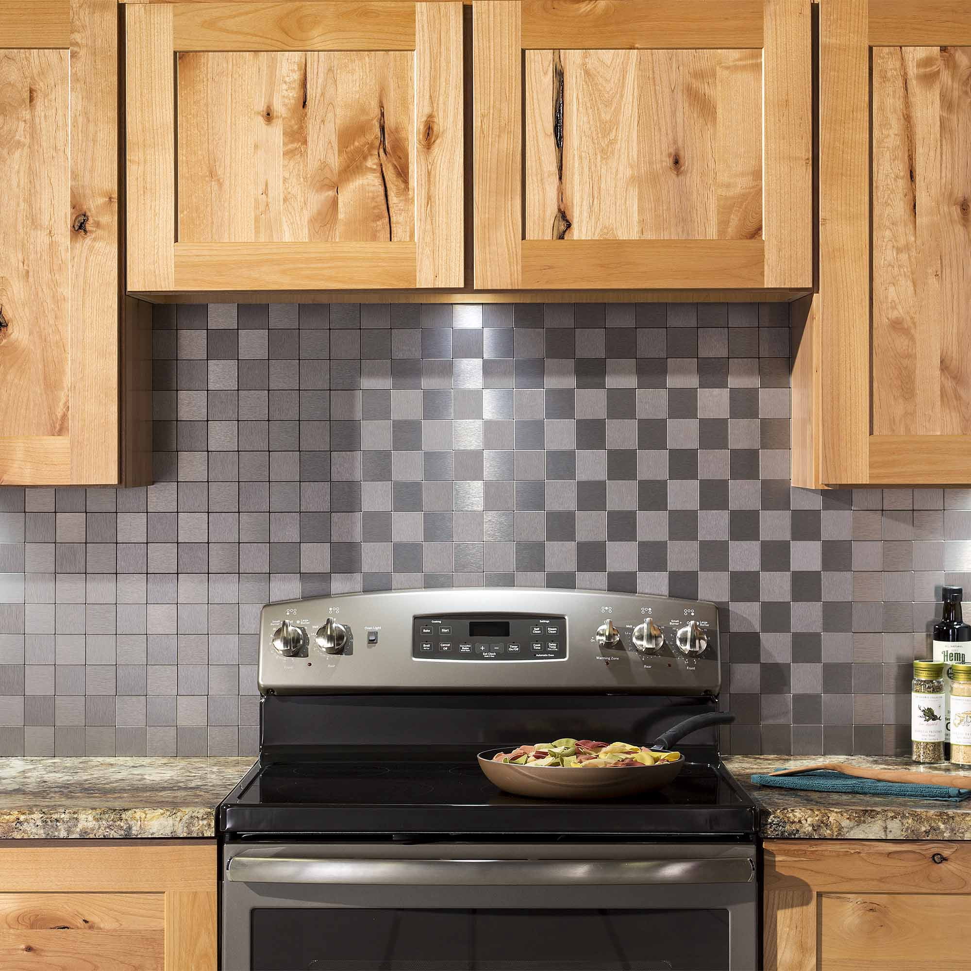 Aspect Peel and Stick Backsplash Square Stainless Matted Metal Tile Approx 15 Sq Ft Kit for Kitchen and Bathrooms