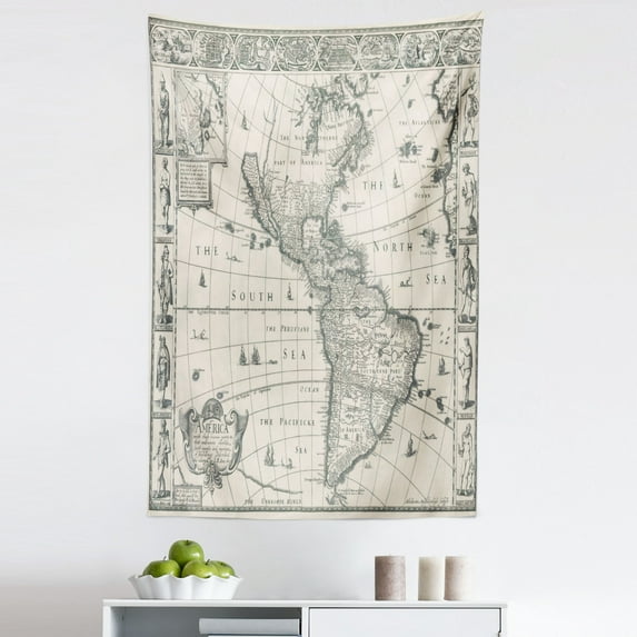 World Map Tapestry, Antique Map America in 1600s World in Medieval Time Era in Retro Style, Fabric Wall Hanging Decor for Bedroom Living Room Dorm, 5 Sizes, Multicolor, by Ambesonne