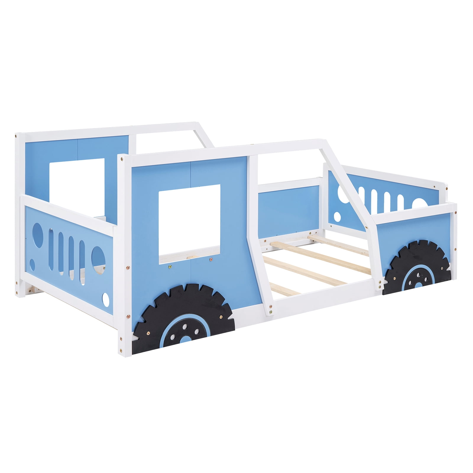 Twin Size Car Shaped Platform Bed Frame with Wheels, Headboard, Footboard, 2 Doors and Windows On Either Side