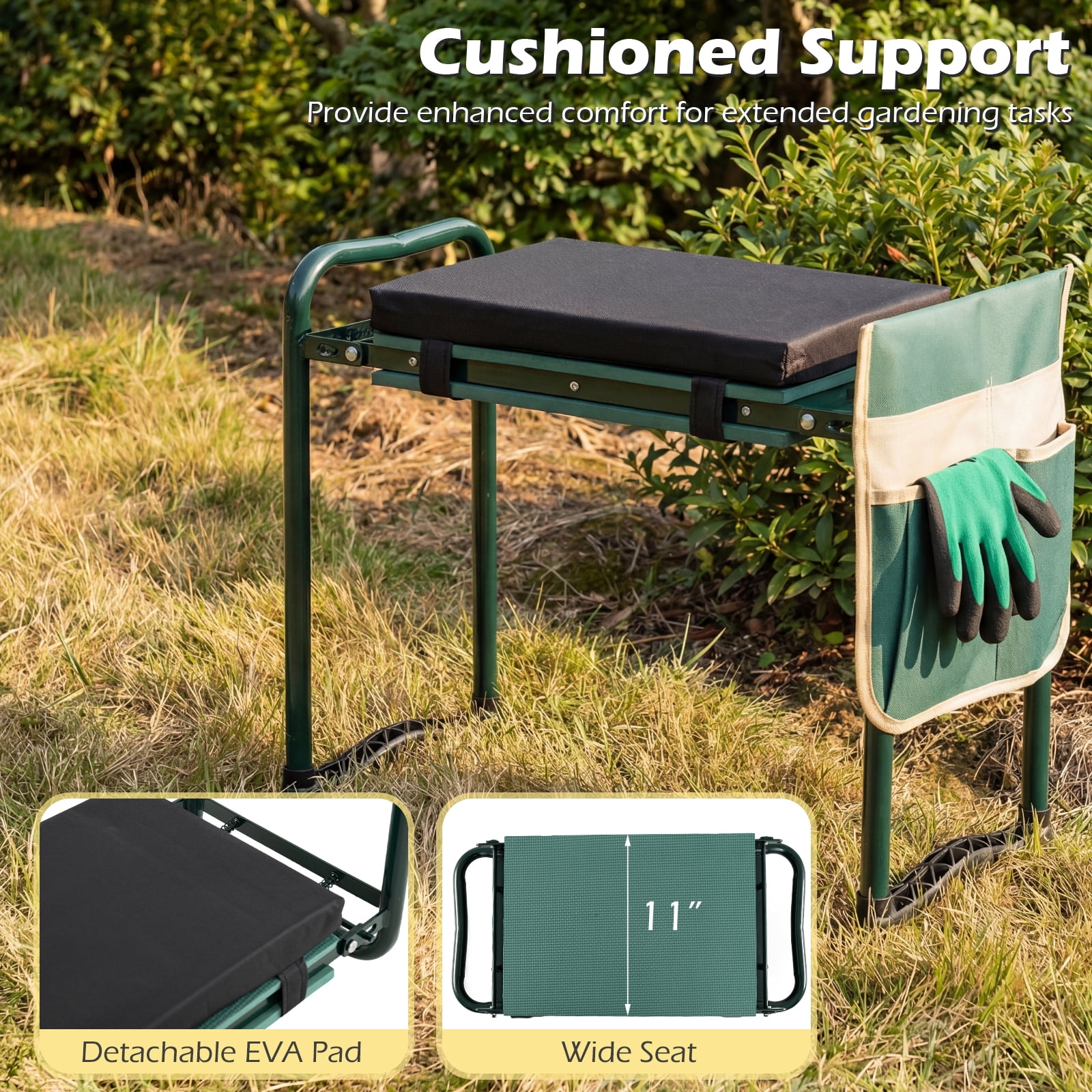 Costway Foldable Garden Kneeler and Seat, 2-in-1 Gardening Bench, Detachable EVA Foam Pad Green