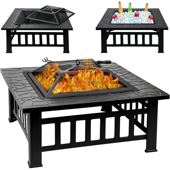32 Inch Fire Pit Table with Fire Poker & Spark Screen, 3 in 1 Metal Square Firepit