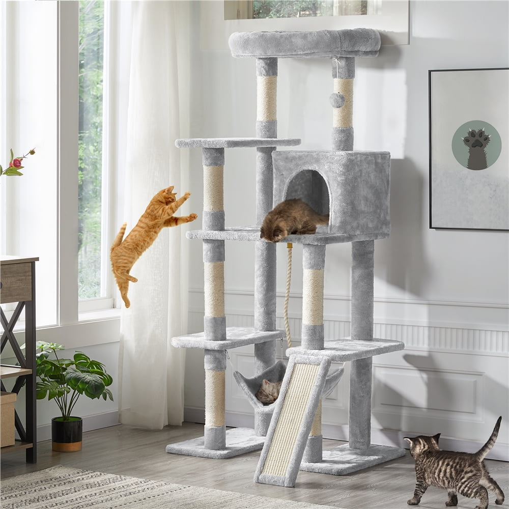 Alden Design 63" H Cat Tree Tower with Hammock and Scratching Posts, Light Gray