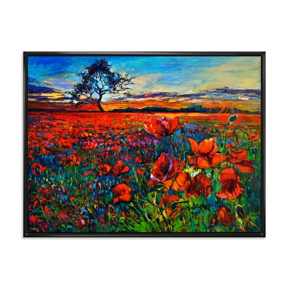 Designart 'Blossoming Red Poppy Fields With Distant Tree' Traditional Framed Canvas Wall Art Print